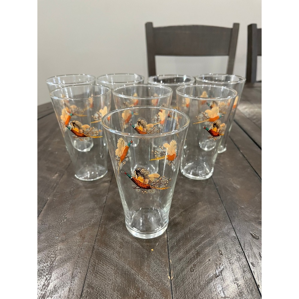 West Virginia Glass Pheasants Birds in Flight 5" High Ball Clear‎ Bar Glass Set